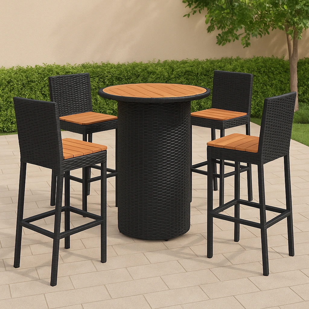 Conjunto de bar mesa alta y taburetes negro/madera sintética ratán exterior