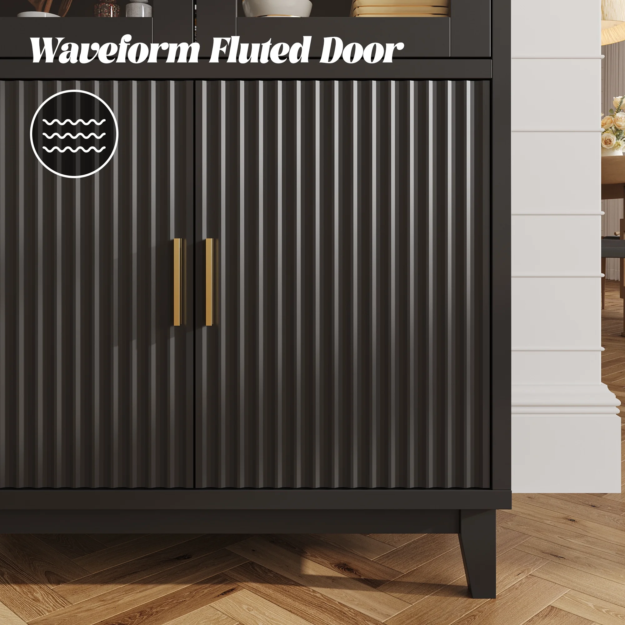 VEANERWOOD 71" Tall Arch Cabinet, Wood Fluted Kitchen Kitchen Storage Cabinet with 4 Doors and 6 Shelves for Dining Room Living Room - Image 7