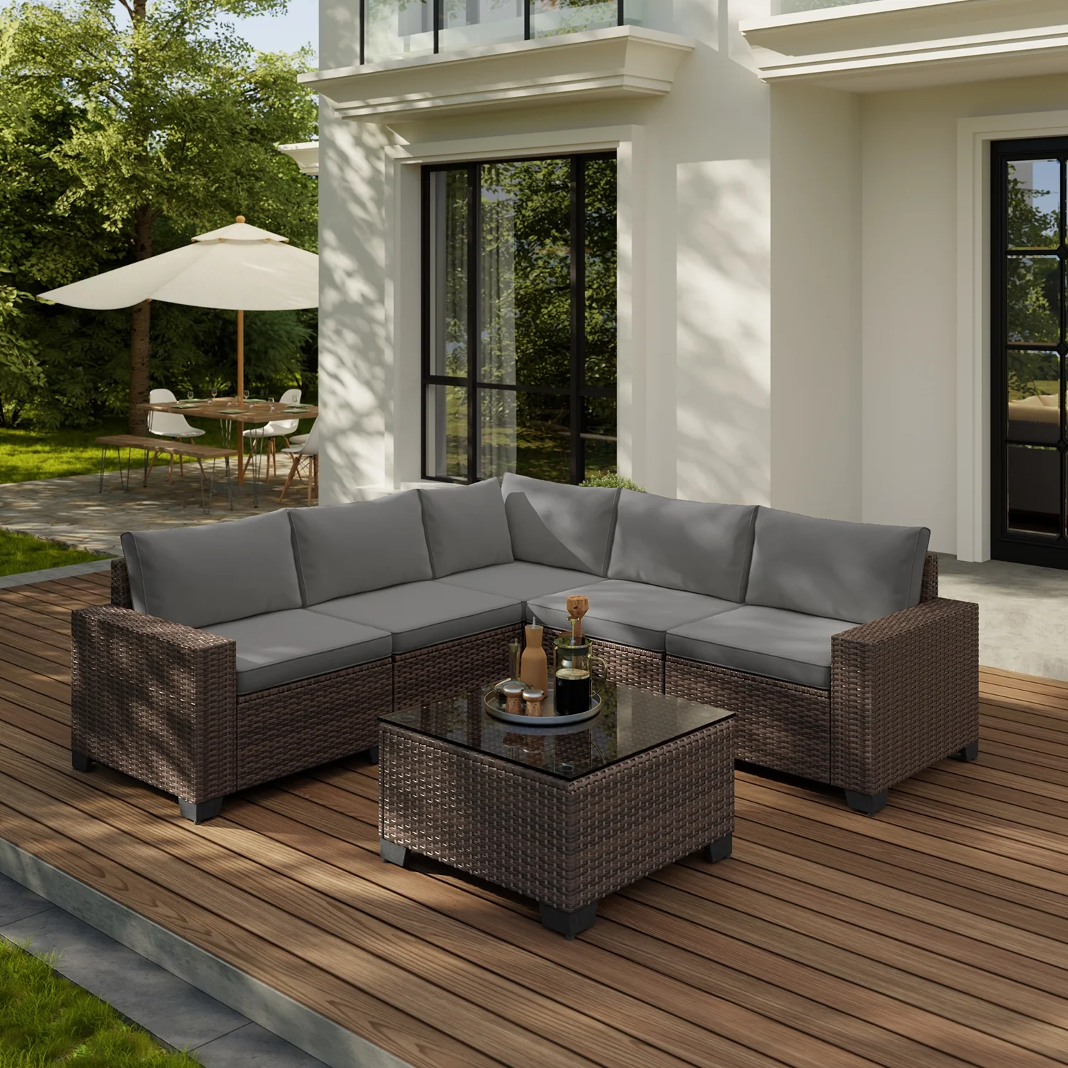 Aiho 7-Piece Rattan Patio Furniture Set , Outdoor Sectional Furniture Set for Patio, Garden, Backyard, Grey - Image 14