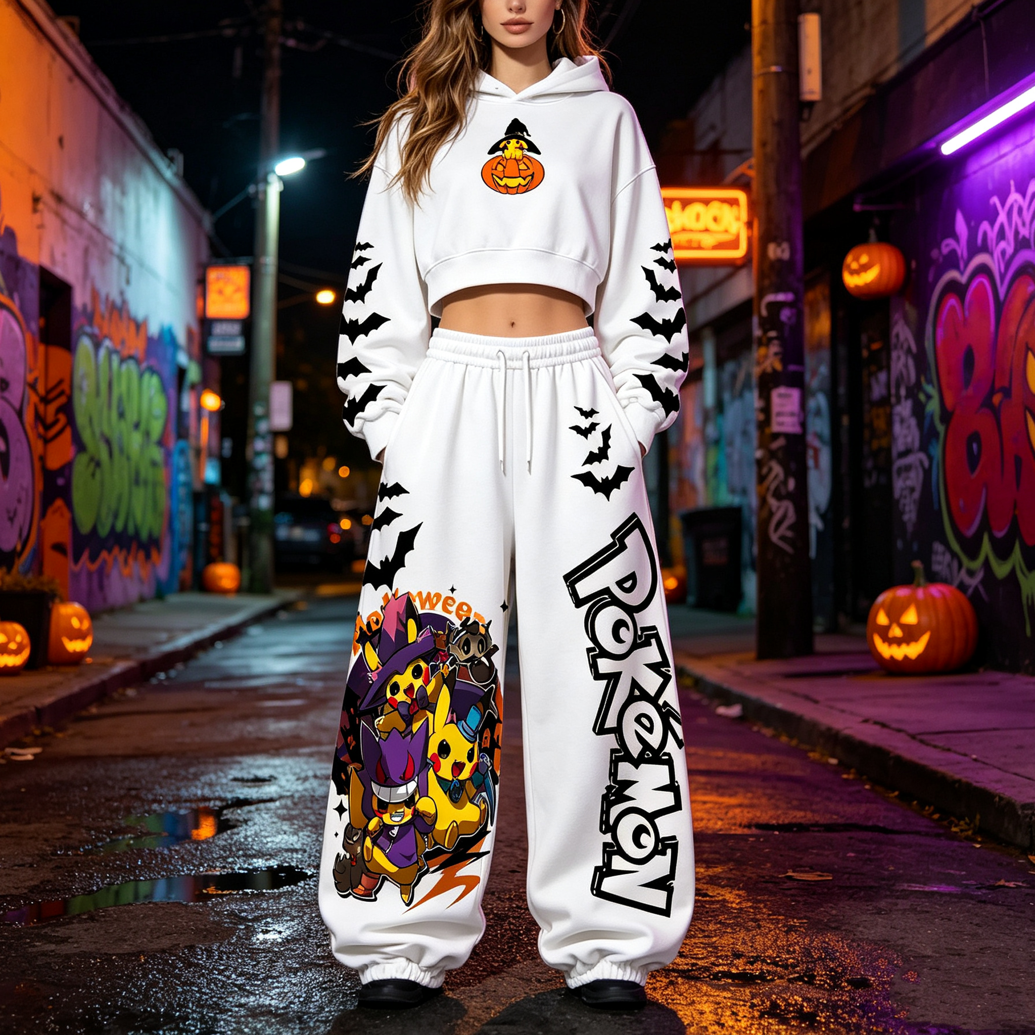 Pokémon Halloween Series Cropped Long Sleeve Hoodie & High Waist Jogger Pants Two Piece TeeThreads Sustain the Scene with Custom Apparel
