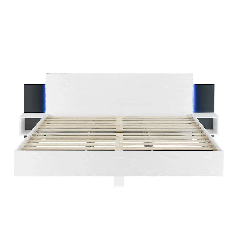 Modern King Size Wooden Floating Bed Frame with Nightstand and LED - Slatted Support Design