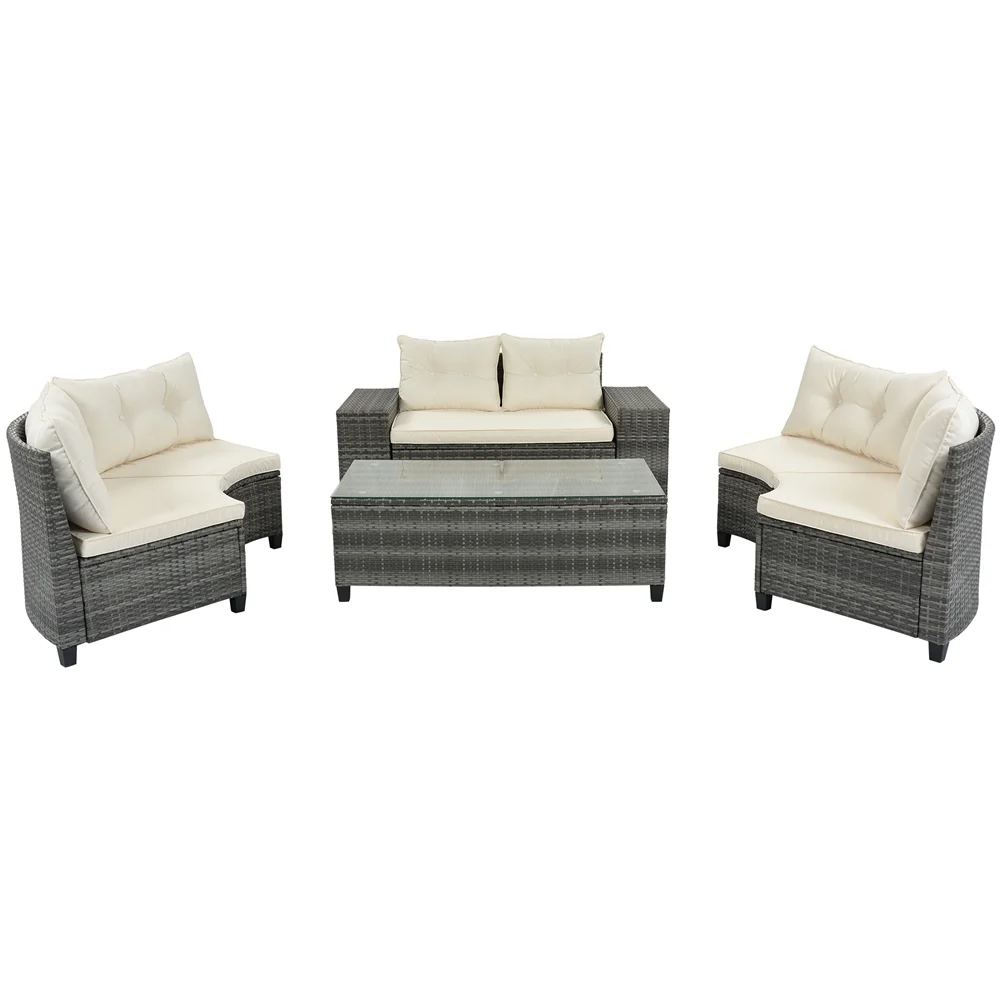 8 Pieces Outdoor Wicker Round Furniture Set, All Weather Half-Moon Sectional Patio Sofa Sets with Rectangular Coffee Table, Beige - Image 4