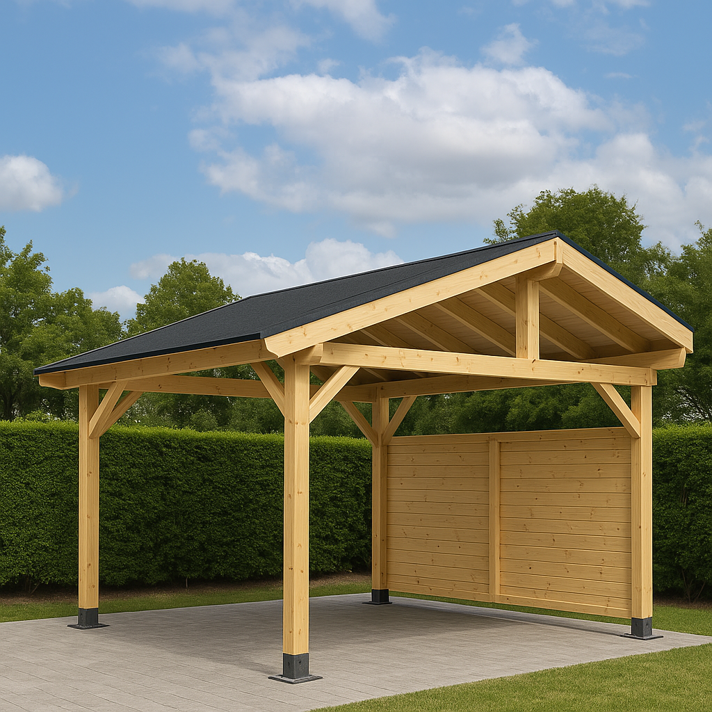 Cochera estructura doble pendiente natural madera exterior jardín 6x4x3.4m