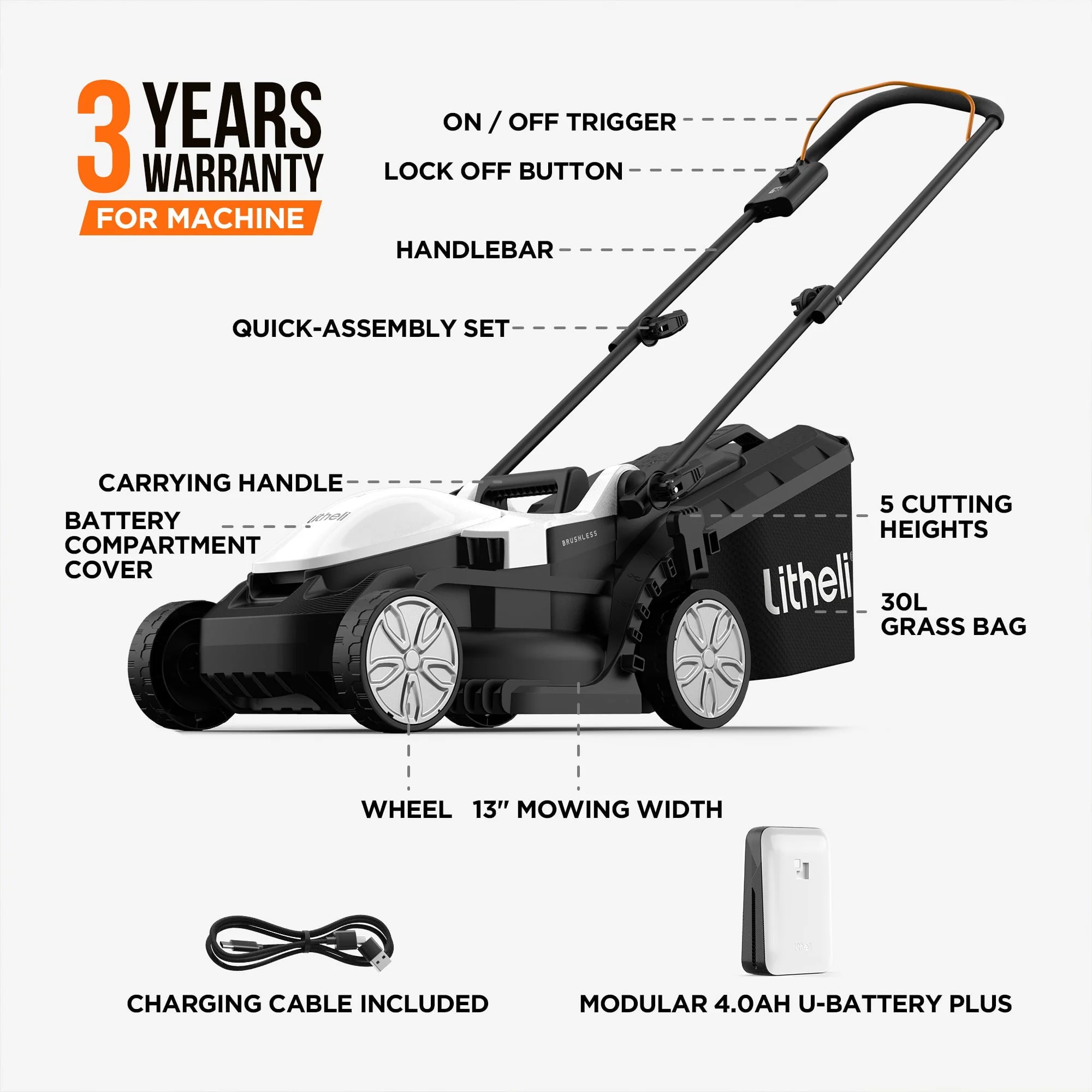 Litheli Cordless Lawn Mower 13 Inch, 5 Heights Adjustment, U20 Series 20V Electric Lawn Mowers for Garden With Brushless Motor, 4.0Ah Portable Battery Included - Image 2