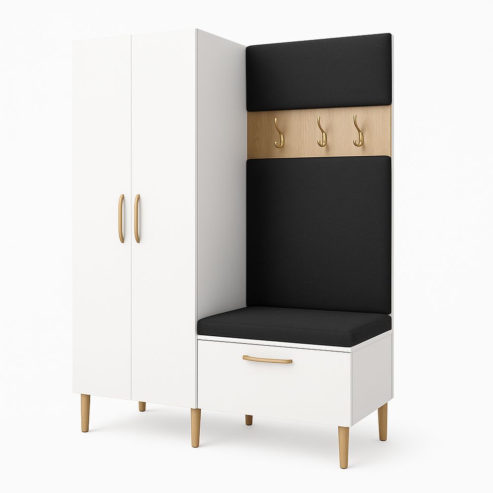 Mueble de recibidor moderno con bancos y ganchos, armario blanco con asiento tapizado negro, almacenamiento funcional