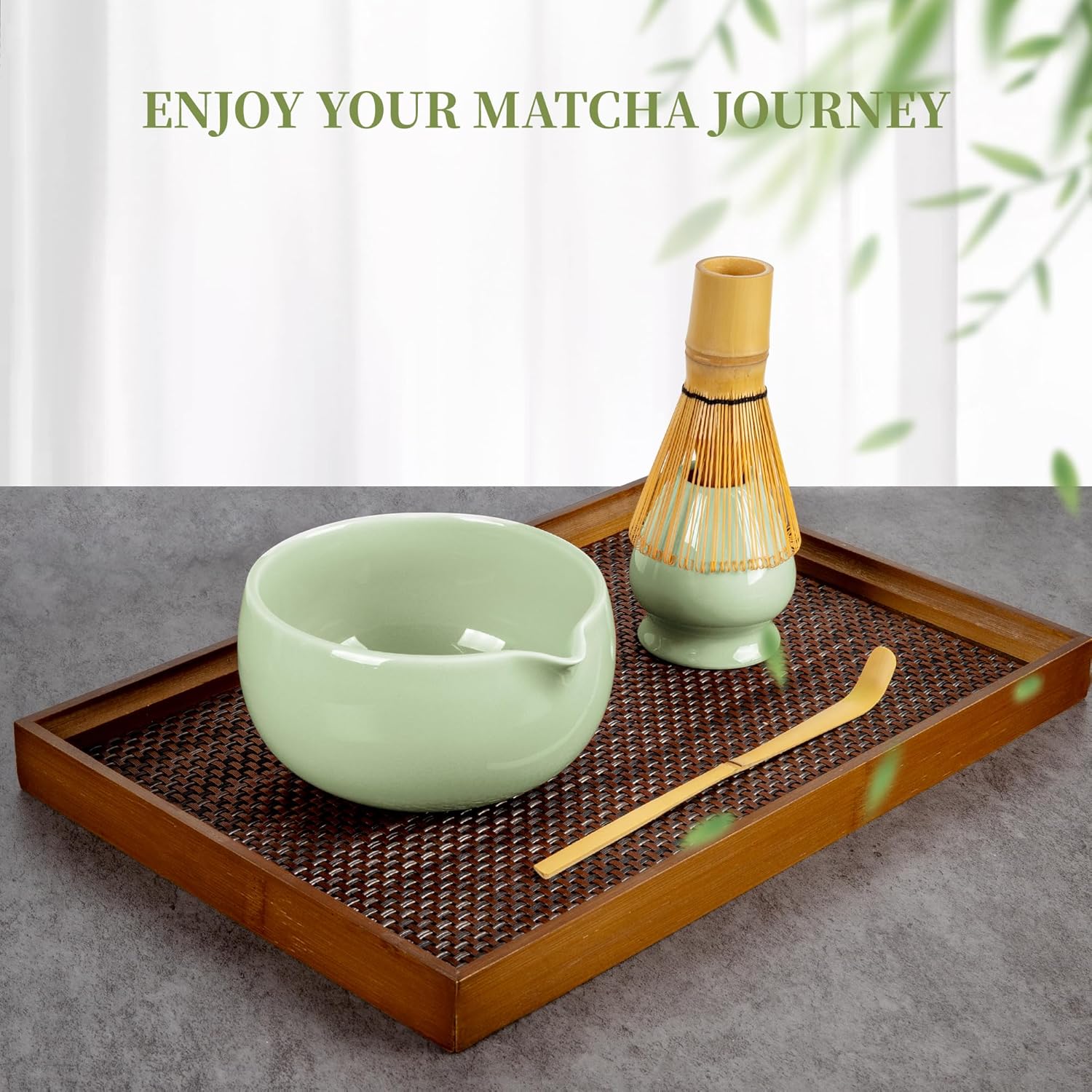 YIBO Matcha Whisk Set, Matcha Kit Bamboo Whisk and Ceramic Bowl with Spout & Measuring Spoon & Cup, Japanese Ceremony Matcha Tea Making Tools Green