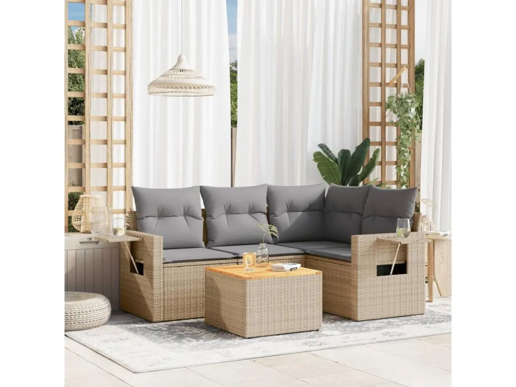 Juego de sofás jardín con cojines beige mezcla 5 pzas ratán PE 67892bljq