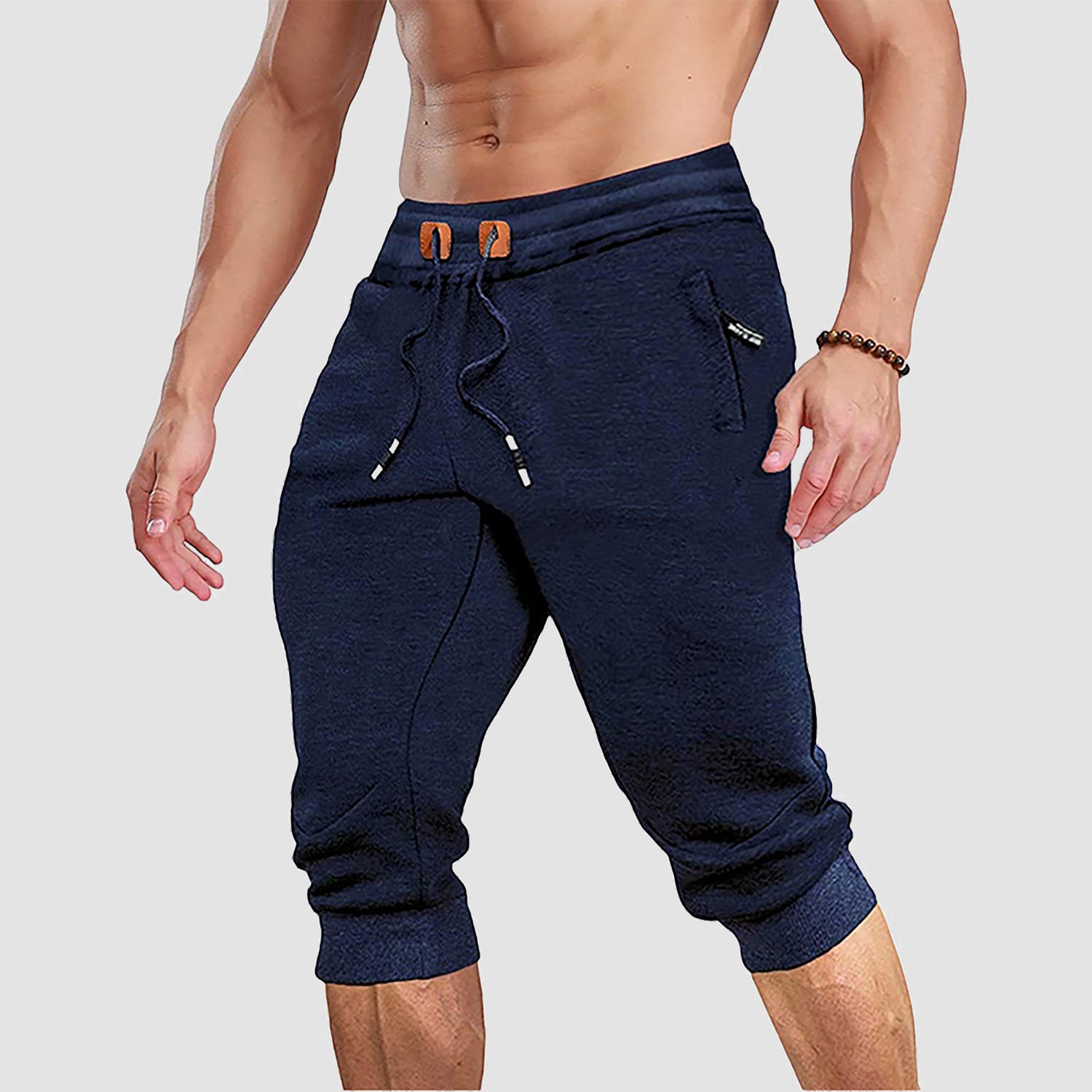 Men Capris Joggers with Zipper Pocket Drawstring Tapered Training Shorts