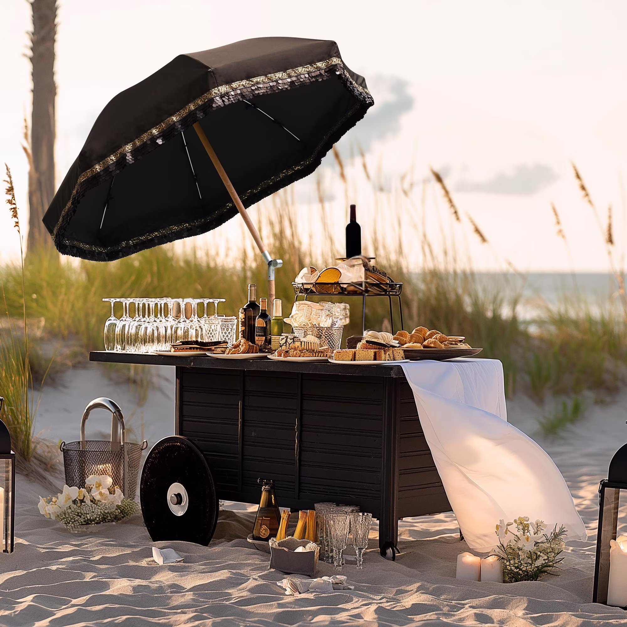 LAGarden 6 Ft Fringe Patio Umbrella with Tassel Jazz Age Wood UPF50+ for Outdoor, Beige with gold tassel,Model: JZ6-01 - Image 3