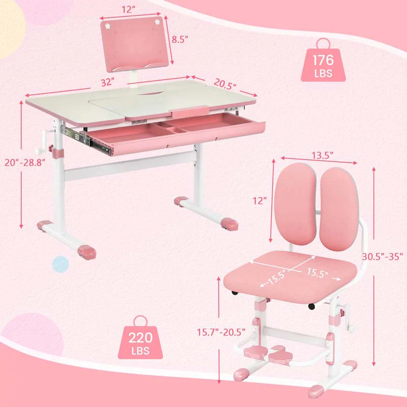 Eletriclife Height Adjustable Kids Study Desk Chair Set with Tilt Desktop