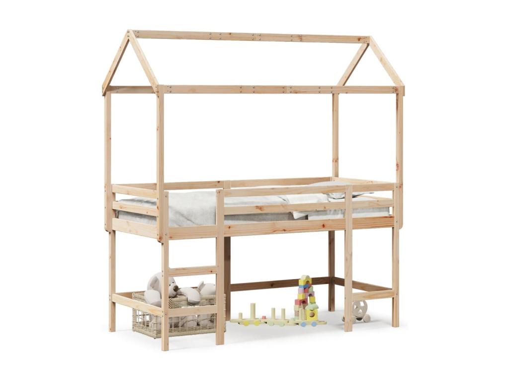 Cama alta con escalera y techo madera maciza de pino 90x200 cm