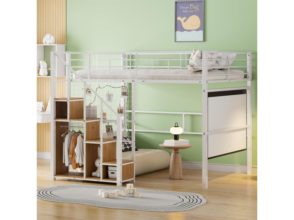 Cama entrepiso 140 x 200 cm con armario y escalera de seguridad - metal y madera - blanco