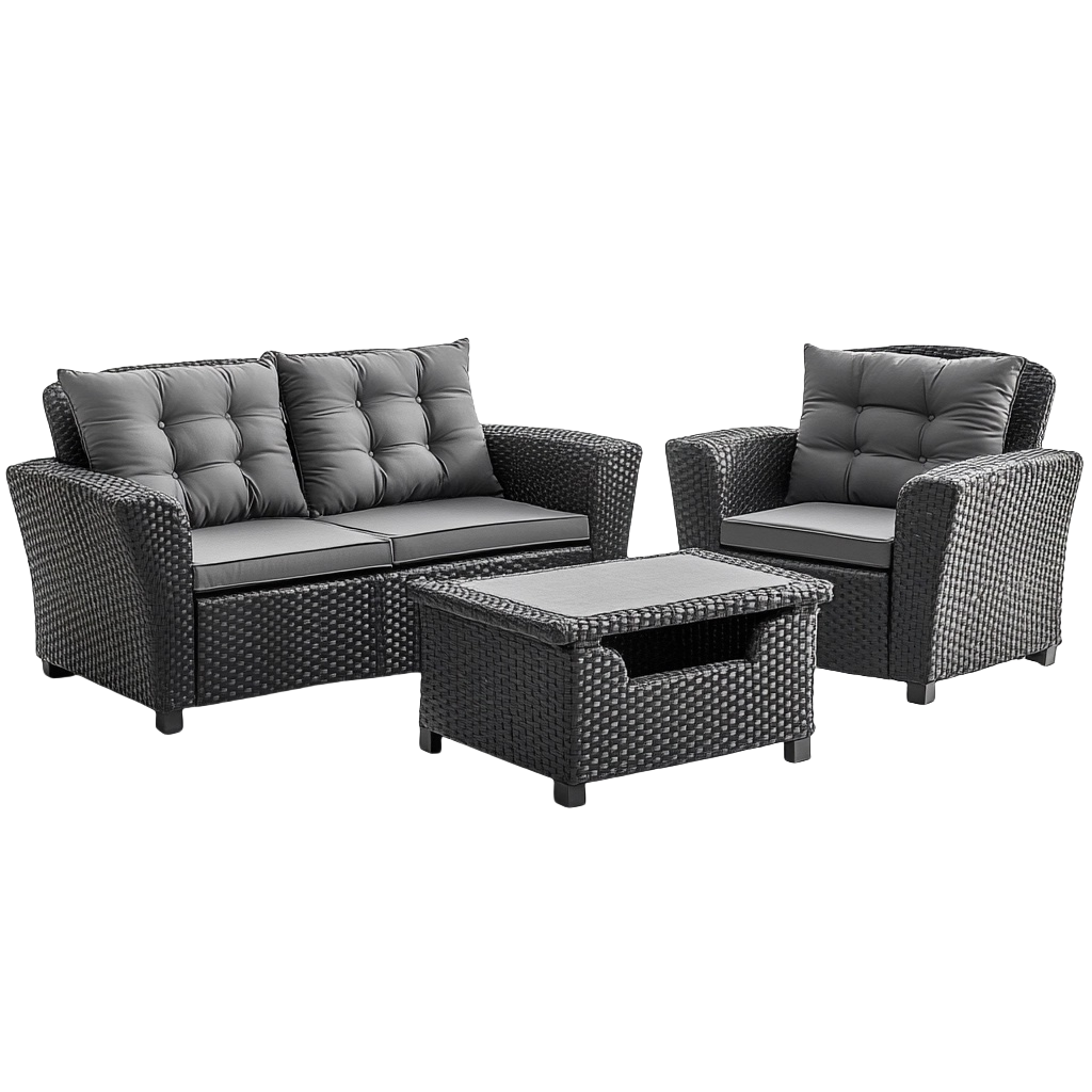 Conjunto de muebles de mimbre sintético gris oscuro, sofá con cojines y mesa de centro, resistente para terraza