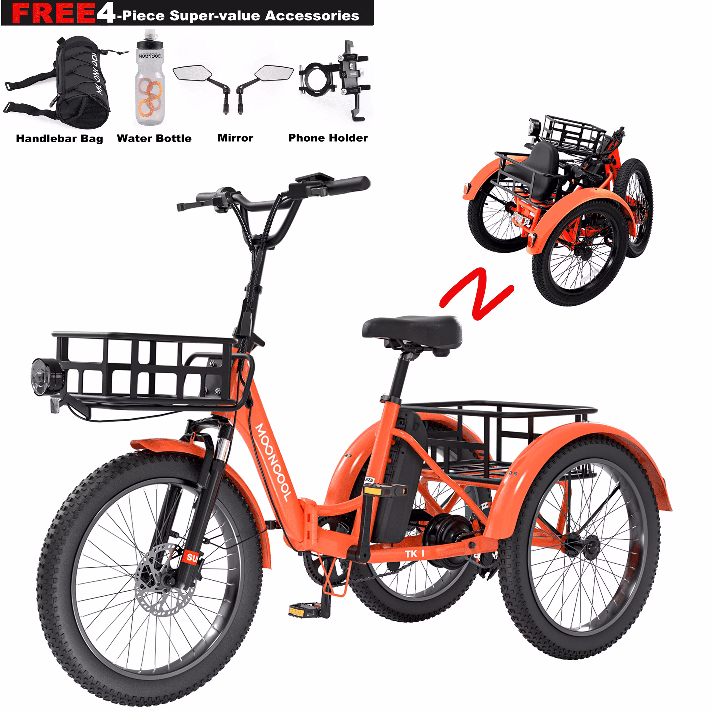 ABORON 3.0 Fat Tire Electric Trike for Senior Foldable E - Bike, 500W Motorized Tricycle Adult 20" Folding 3 Wheel Electric Commute Bike Trike W/48V Battery and Storage Baskets(E-trike w/Storage Bag/Orange)