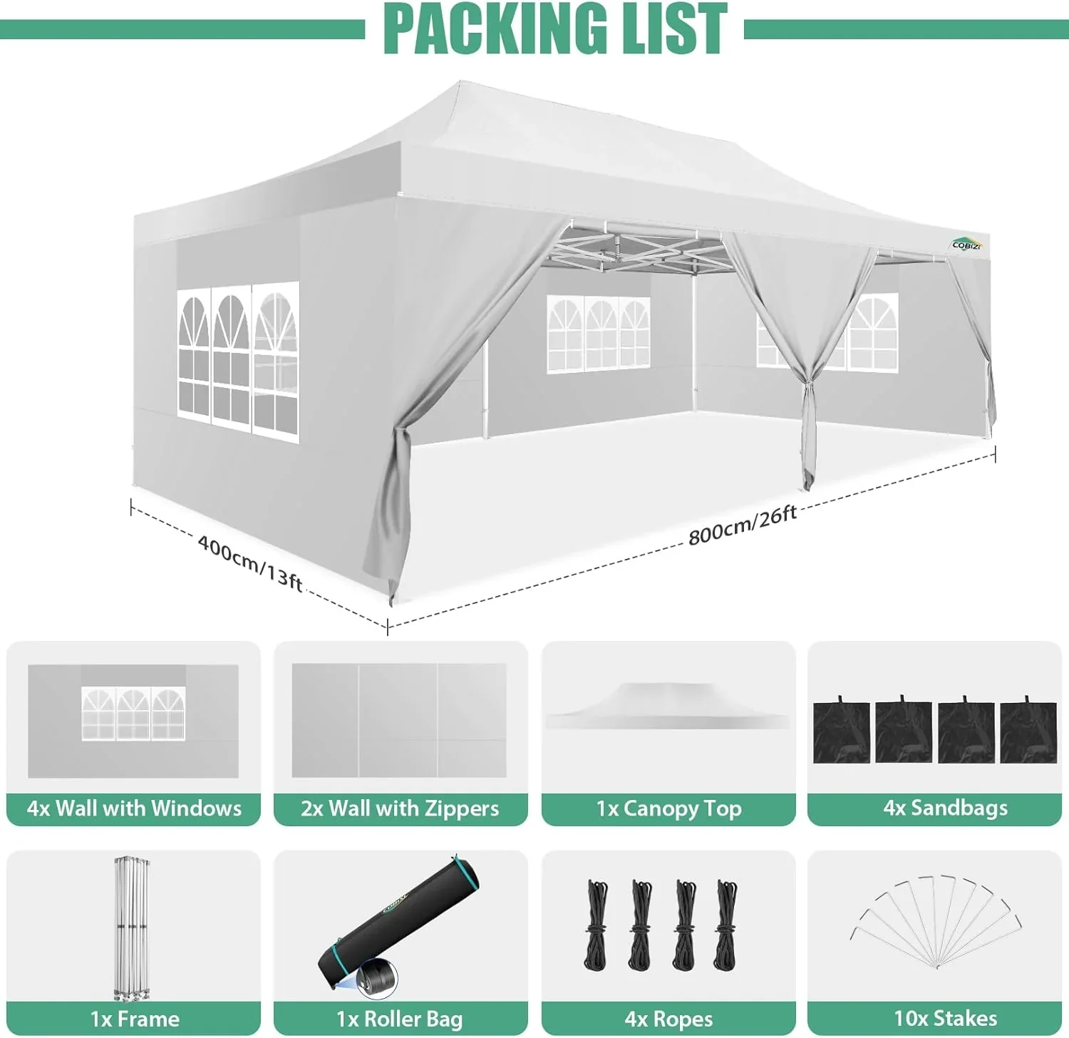 COBIZI 10x20 Heavy Duty Pop up Canopy Tent with 6 sidewalls Easy Up Commercial Outdoor Canopy Wedding Party Tents for Parties All Season Wind & Waterproof Gazebo with Roller Bag,Black(Frame Thickened)