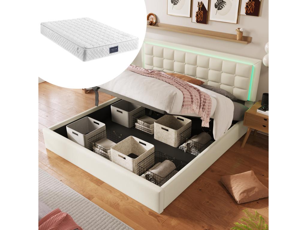 Cama doble con somier y espacio de almacenamiento, estructura de cama 160x200 cm blanco