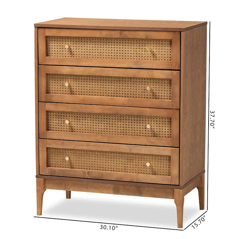 Ramiel Mid-Century Modern 4-Drawer Chest in Ash Walnut with Rattan Accents