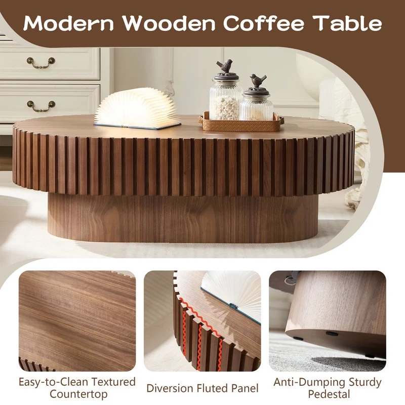 FFH 43.7 inch Oval Coffee Table for Living Room,Handcraft Rustic Corner Coffee Table Nature Wood Relief Sturdy Pedestal for Apartmen,Side Table Centre Table,Nature Wood - Image 4