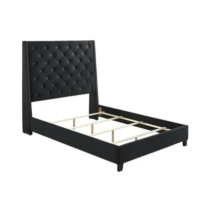 Queen Size Maze Bed with Button Tufting, Nailhead Accents, and Black Fabric Upholstery