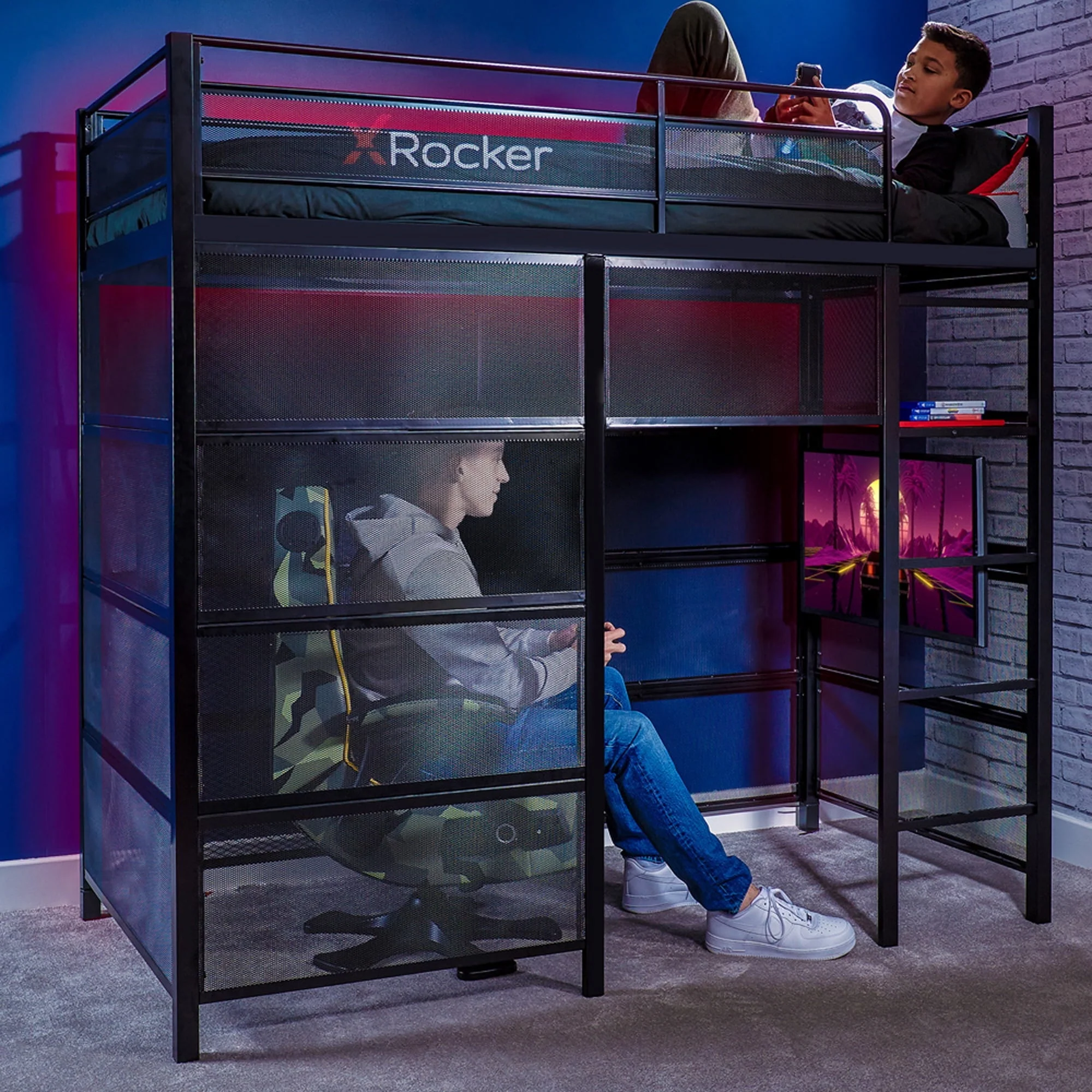 X Rocker Gaming Den Bunk Bed with VESA TV Mount, Twin, Black, Teen, Children