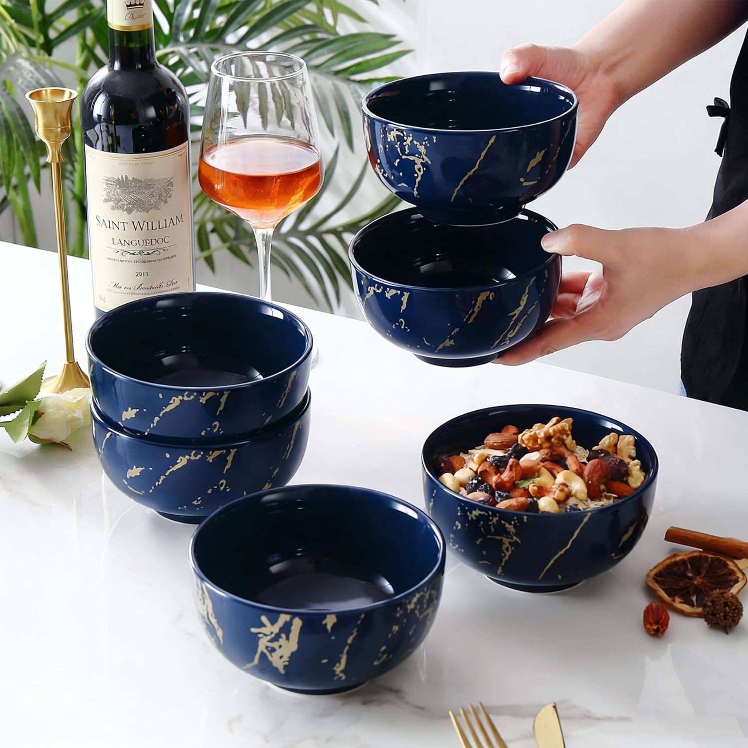 6-Piece Blue and Gold Marble Ceramic Bowls, 20 oz – Bohemian Soup & Cereal Bowl Set, Dishwasher & Microwave Safe, for Ramen, Pasta, Salad, Dessert