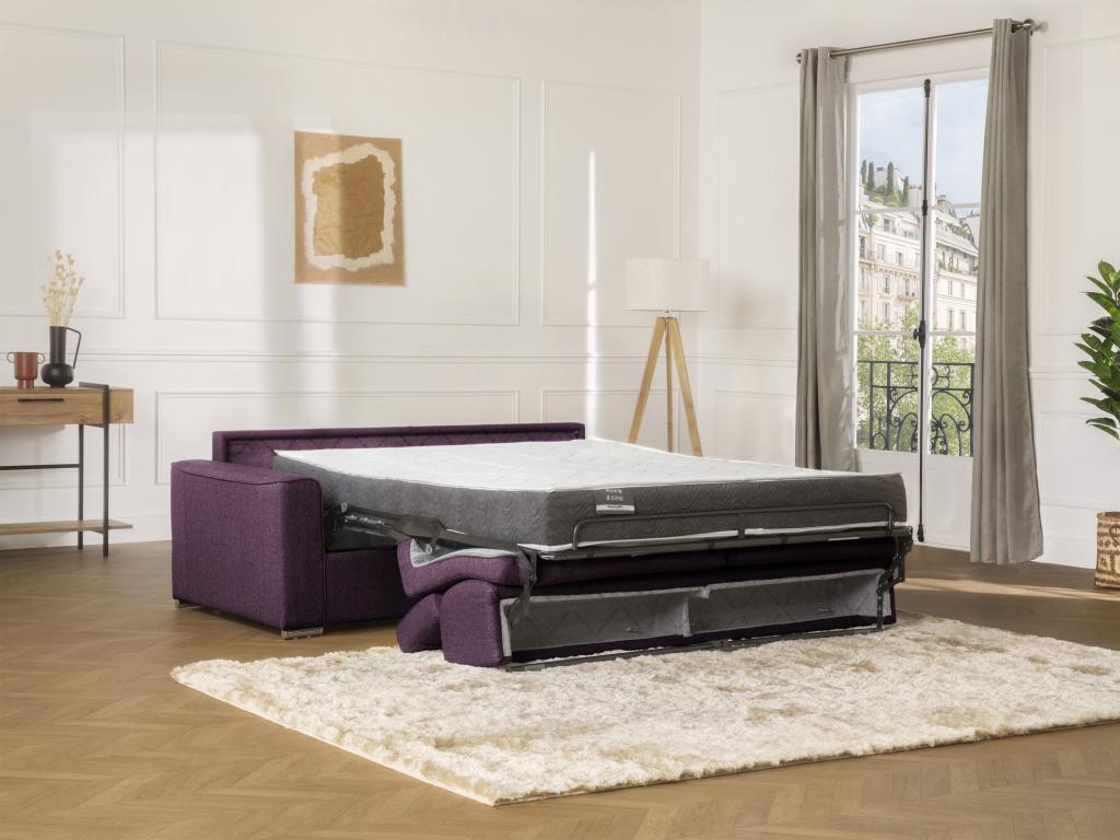 Sofá cama de 4 plazas de tela de apertura rápida VIZIR - Violeta - Somier de láminas de 160 cm - Colchón de 14 cm con memoria de forma