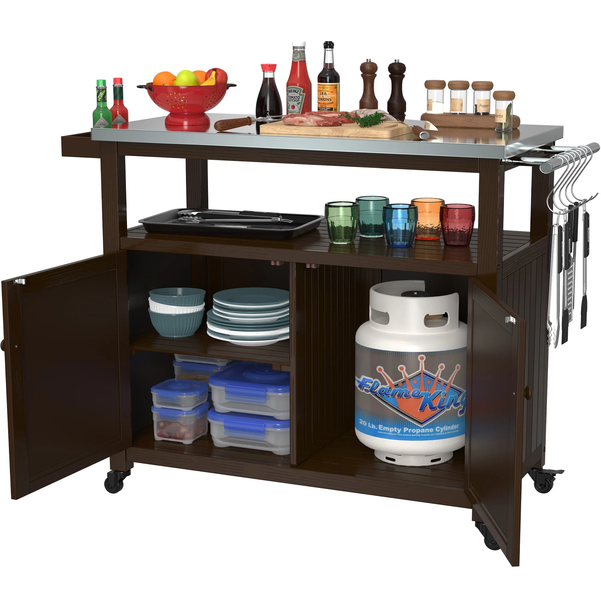 Outdoor Prep Table Grill Station, Solid Wood Movable Dining Cart Table, Dark Brown - Image 2
