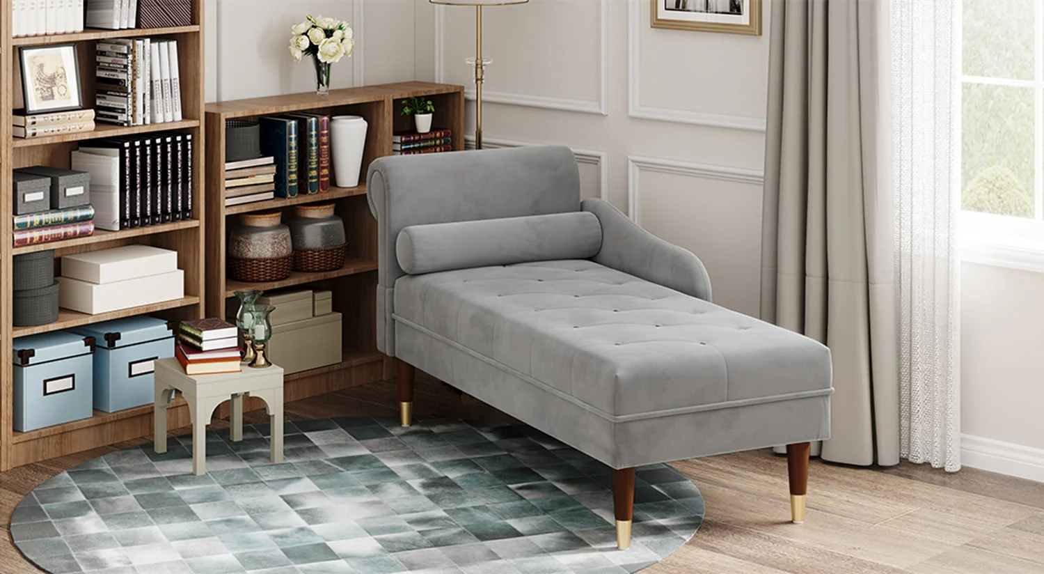 Vesgantti Velvet Chaise Lounge,59" Modern Upholstered Lounge Chair Indoor with Round Armrest Lumbar Pillow, Single Sofa for Living Room Bedroom Office,Grey - Image 9