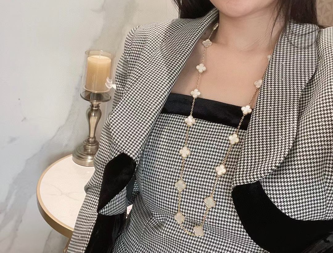 VCA Yellow Gold White Clover Vintage Alhambra Long Necklace, 20 Motifs - Original Replica Club