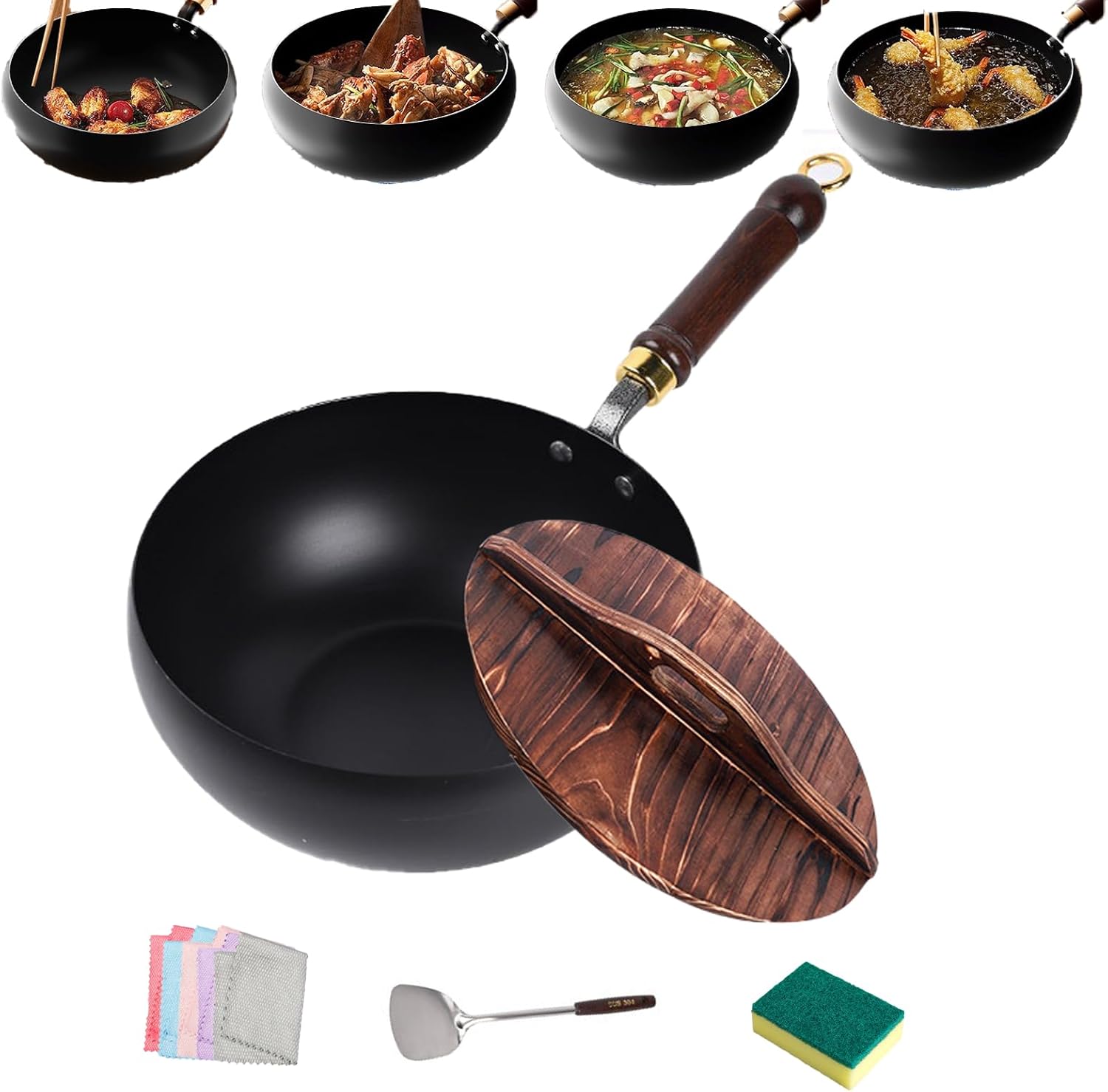 Japanese Cast Iron Wok Pan, 2026 New Non-Stick Uncoated Japanese Wok, Hand Hammered Multi-Purpose Cast Iron Pan with Lid & Spatula for Cooking Stewing (Hammered with Wooden Lid,28cm/11.02in)