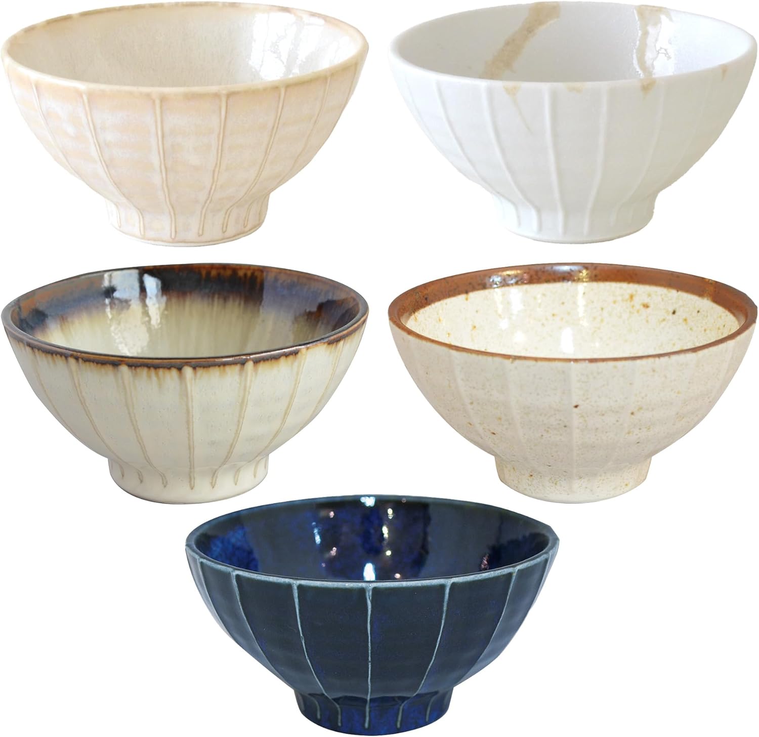 Set of 5 Japanese Ceramic Striped Ichichin Rice Bowls, Deep Soup & Eating Bowls with Distinctive Three-Dimensional Lines,Convenient, Stackable, for Cooking Prep & Serving (White)