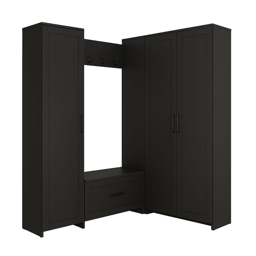 Armario esquineros moderno con casillero, estante y ganchos, estructura de madera, acabado en negro mate, ideal para entrada