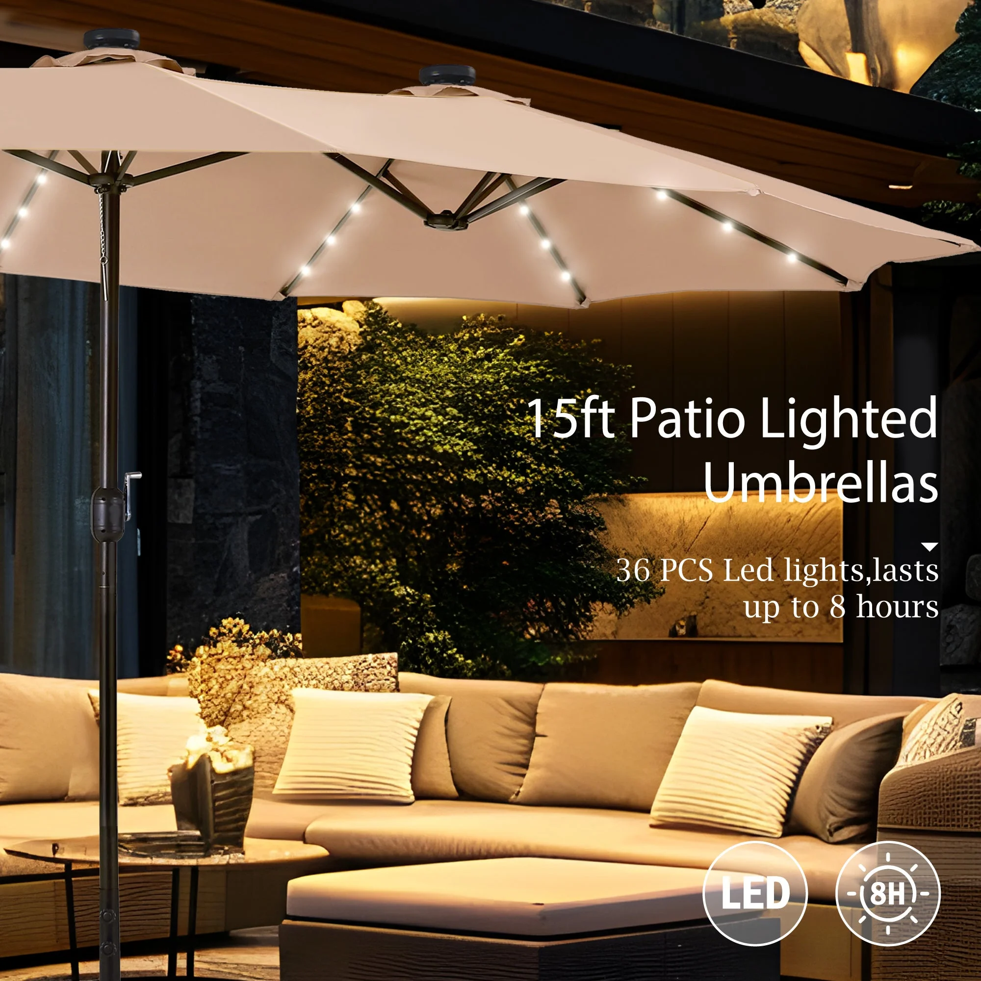 Alpha Joy 15ft Extra Large Outdoor Patio Double-Sided Umbrella with LED Solar Lights & Umbrella Base, Beige - Image 4
