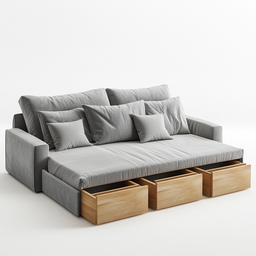 Sofá cama gris con cajones de almacenamiento en tela para sala de estar multifuncional
