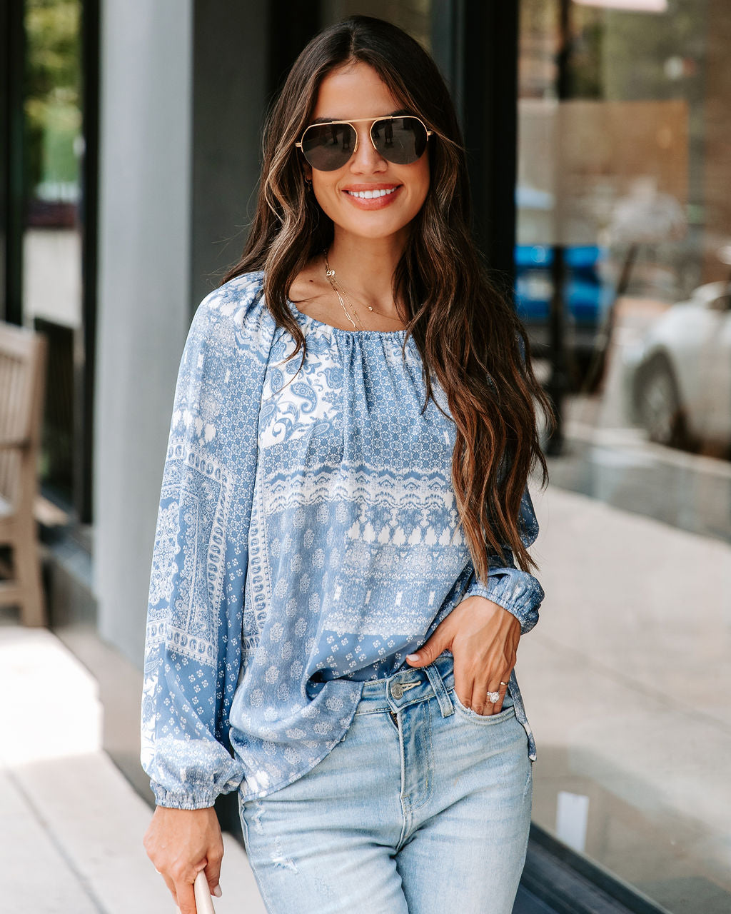 Donna Printed Cutout Top - Ash Blue - FINAL SALE - Se7enfashion