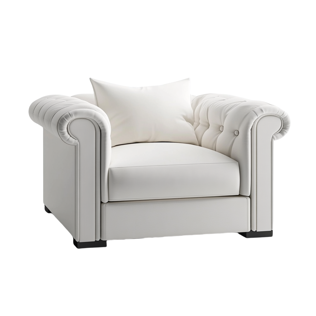 Butaca estilo Chesterfield en polipiel blanca 1,1x0,9 m con cojín decorativo