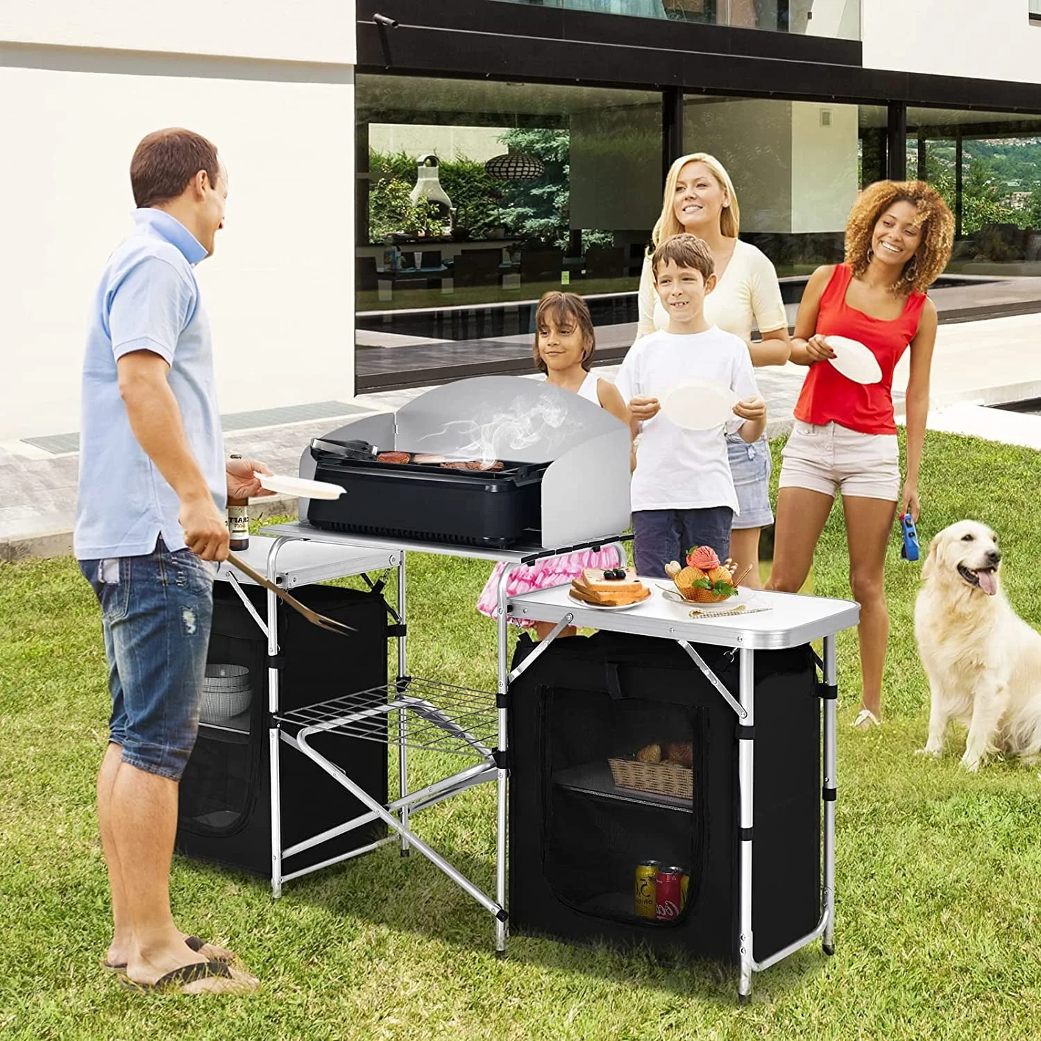 Camping Kitchen Table with Storage, Aluminum Portable Outdoor Cooking Table with Windscreen, Foldable Camp Table Cook Station for BBQ, Grill, Party, Picnics - Image 2