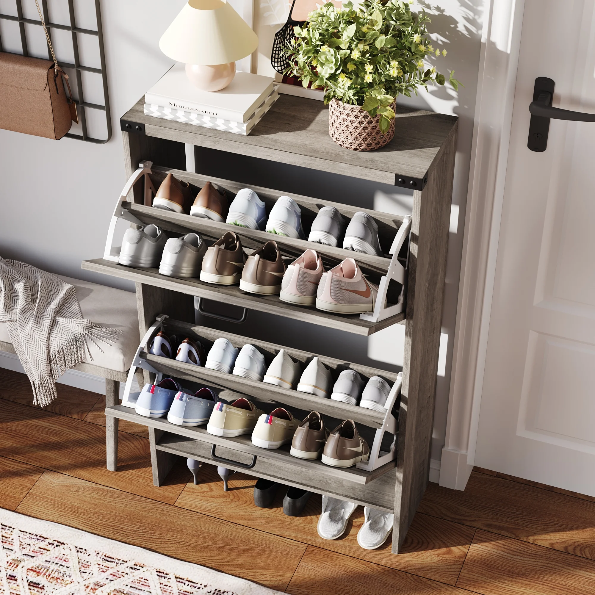 VEANERWOOD Shoes Storage Cabinet With Doors, Farmhouse Shoe Cabinet With 2 Flip Drawers For Entryway,Gray - Image 26