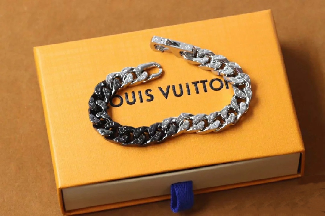 Louis Vuitton Silver Black Cuban Monogram Mens Bracelet - Original Replica Club