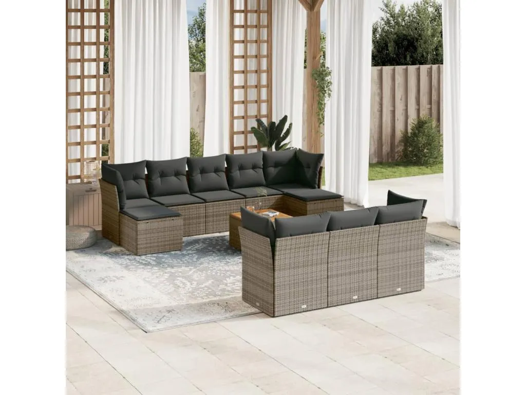 Set de sofás de jardín 11 pzas y cojines ratán sintético gris