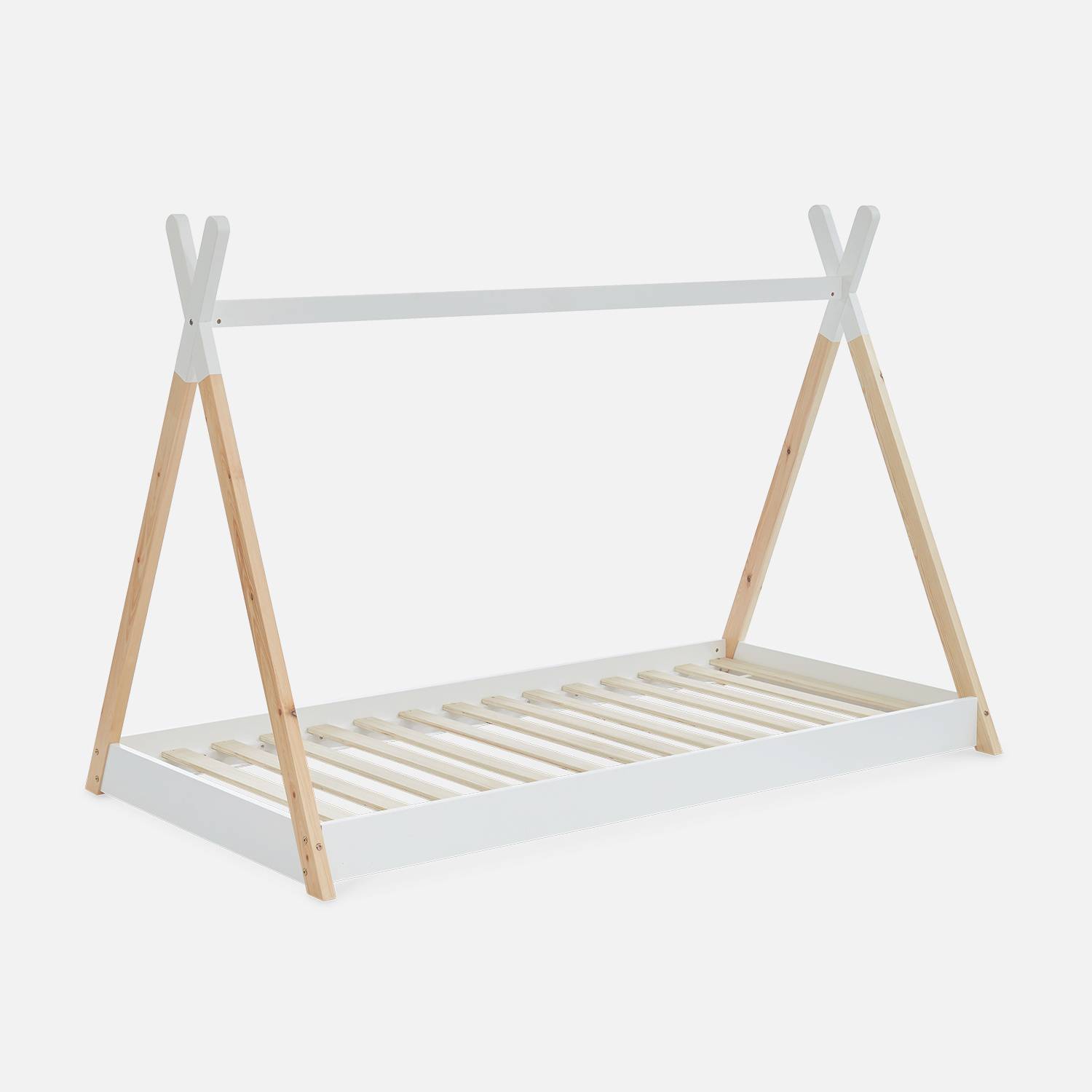 Tobias - Cama tipi infantil de pino natural con base, 90cm