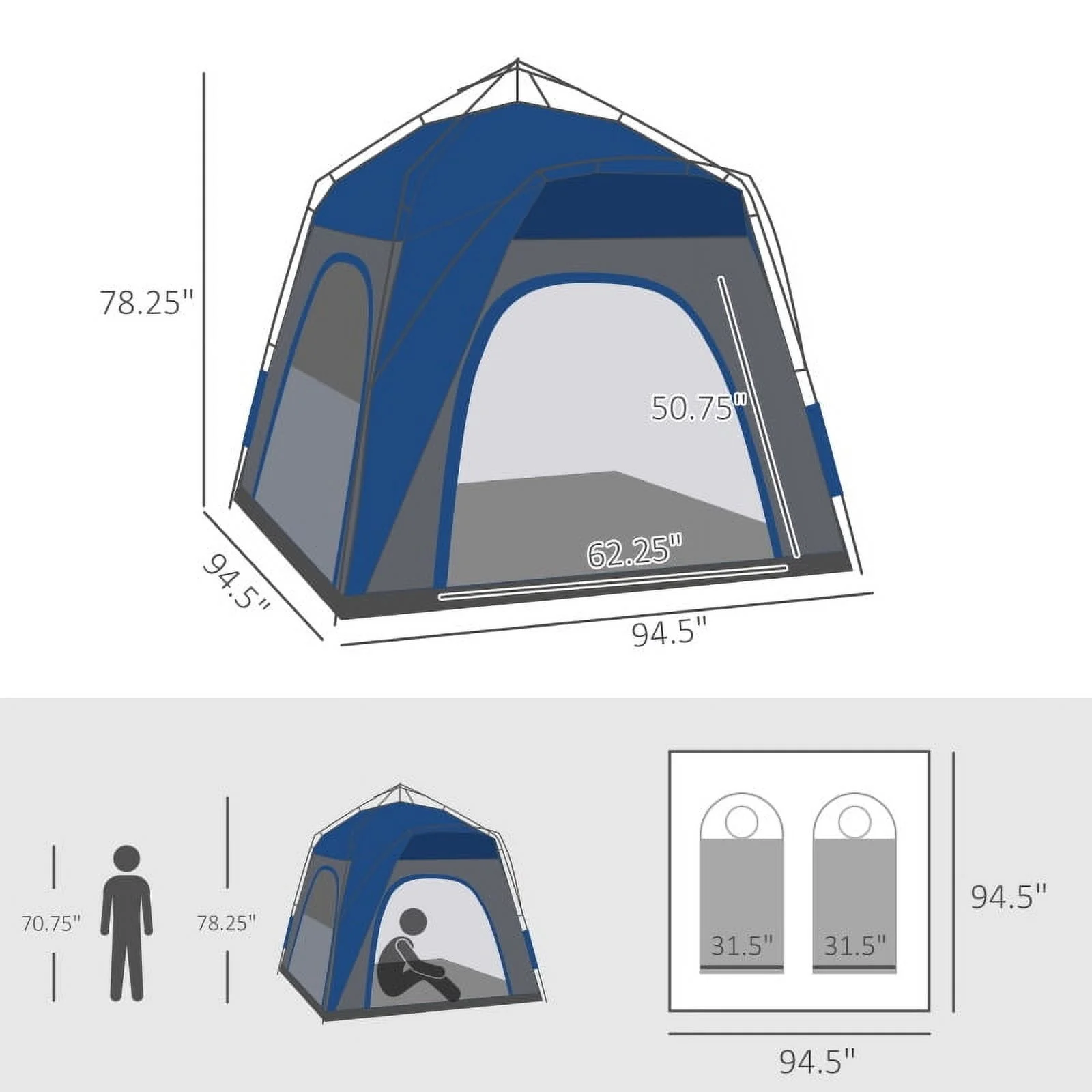 Outsunny Camping Tents 4 Person Pop Up Tent Quick Setup Automatic Hydraulic Family Travel Tent w/ Windows, Doors Carry Bag Included, Blue - Image 3