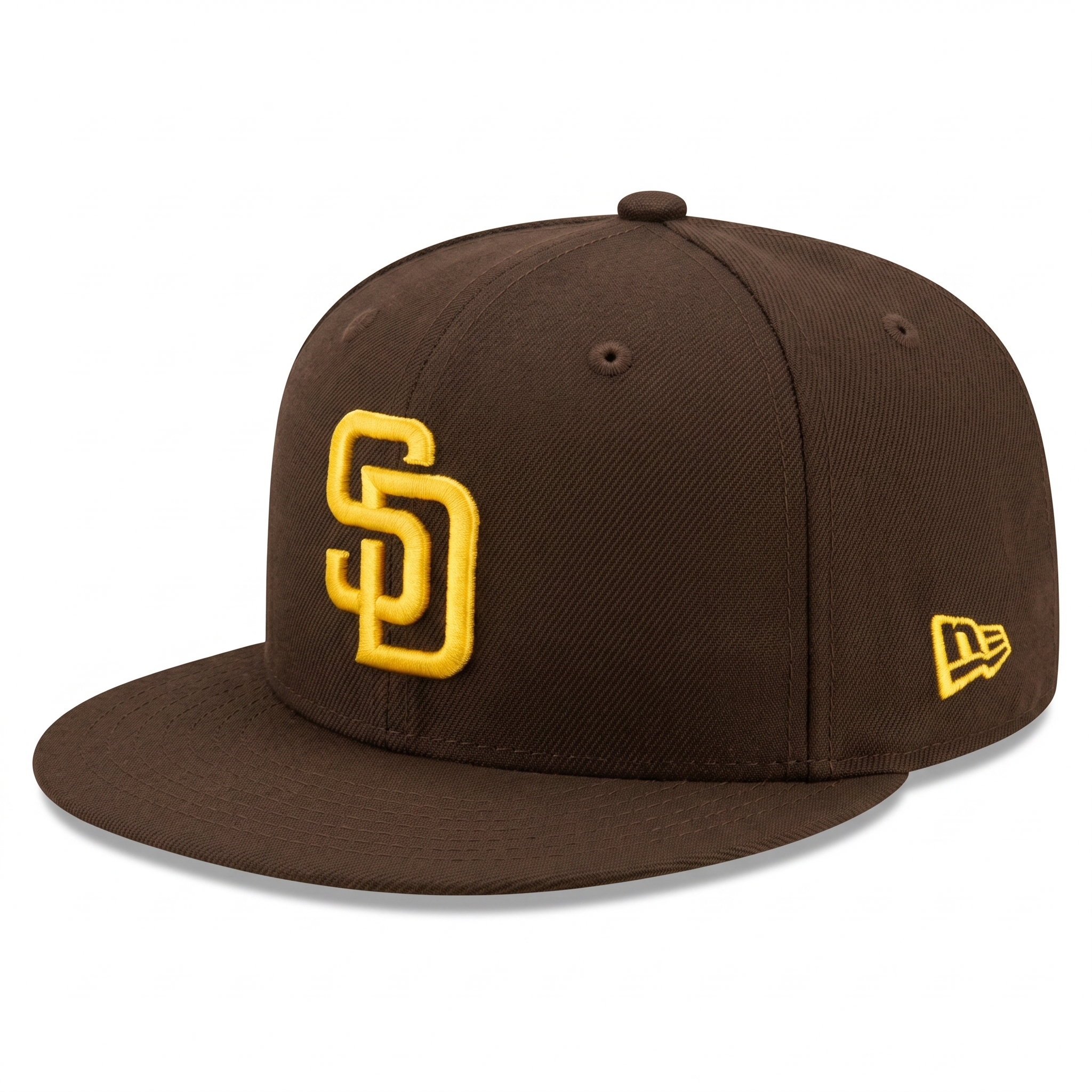 Front and left side view of the brown San Diego Padres 59FIFTY Hat showing the yellow SD logo and embroidered New Era flag