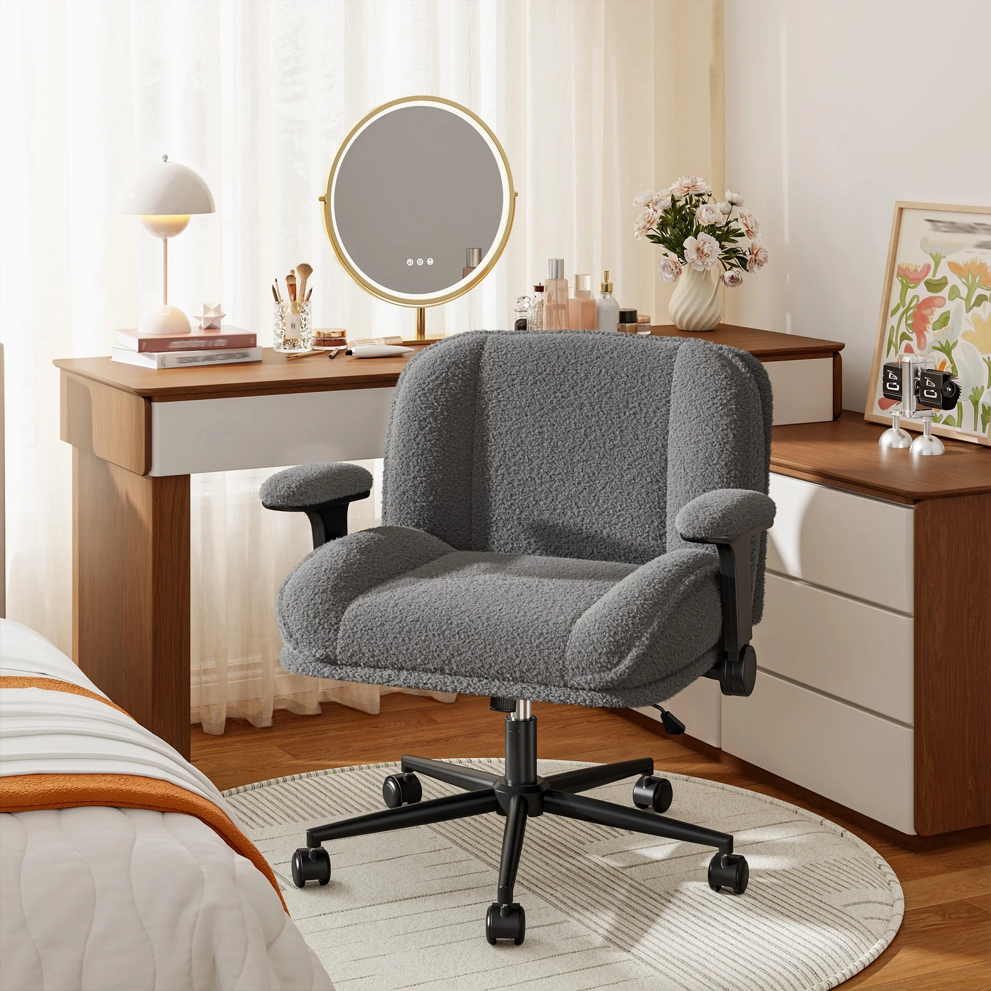 Romorgniz Criss Cross Chair with Adjustable Arms & Lumbar Support Office Chair with Reclining Back, Thick Cushion & Wheels for Office, Gaming, Reading, Vanity, Off-White - Image 12