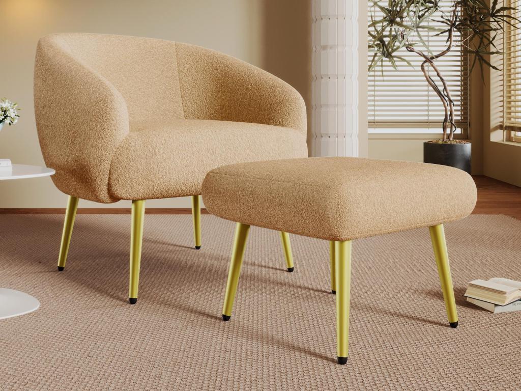 Sillón acolchado Sherpa con reposapiés - pies dorados - Marrón
