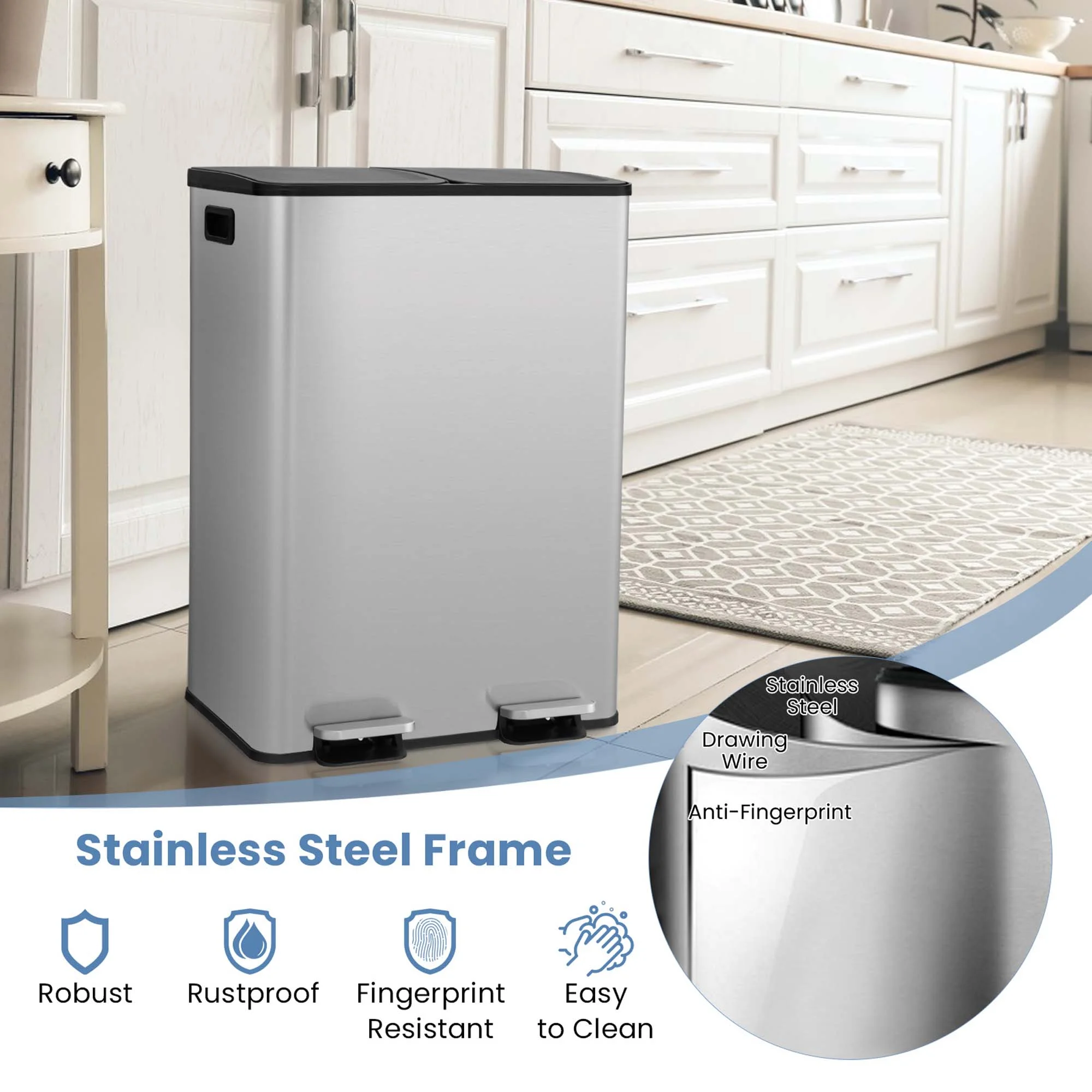 Costway 16 Gallon Dual Step Trash Can Recycle Bin Stainless Steel Bucket Pedal Silver - Image 9
