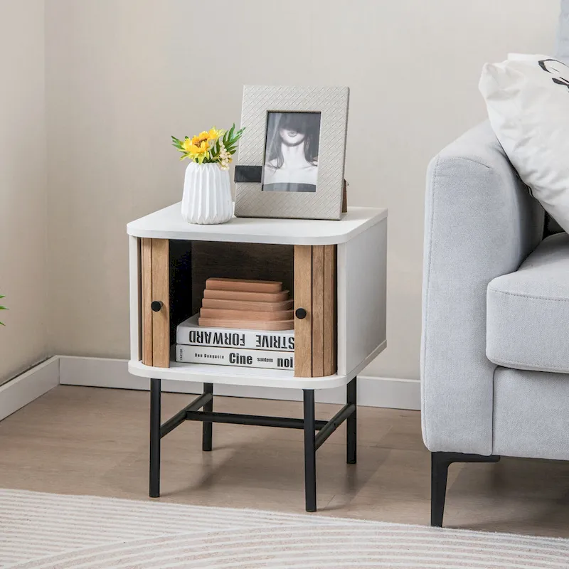 Set of 2 Nightstands with Sliding Doors and Metal Legs