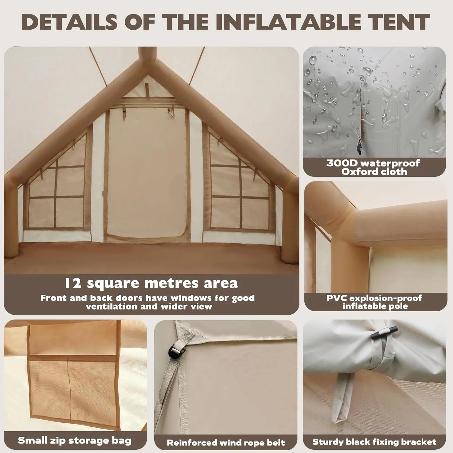 Gaonala 4-6 Person Inflatable Camping Tent with Pump Quick Setup 4-Season Family Tent Waterproof Windproof 420D Oxford Fabric - Image 9