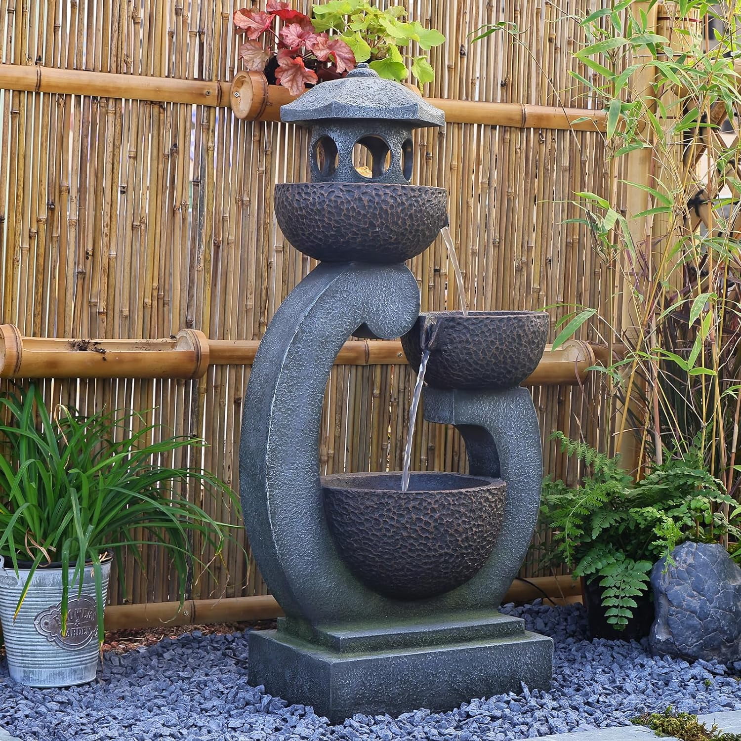 Water Fountain Tranquil Zen Pagoda Waterfalls Fountains Bowl with LED Lights for Patio Yard Porch Pool Decor - Image 4