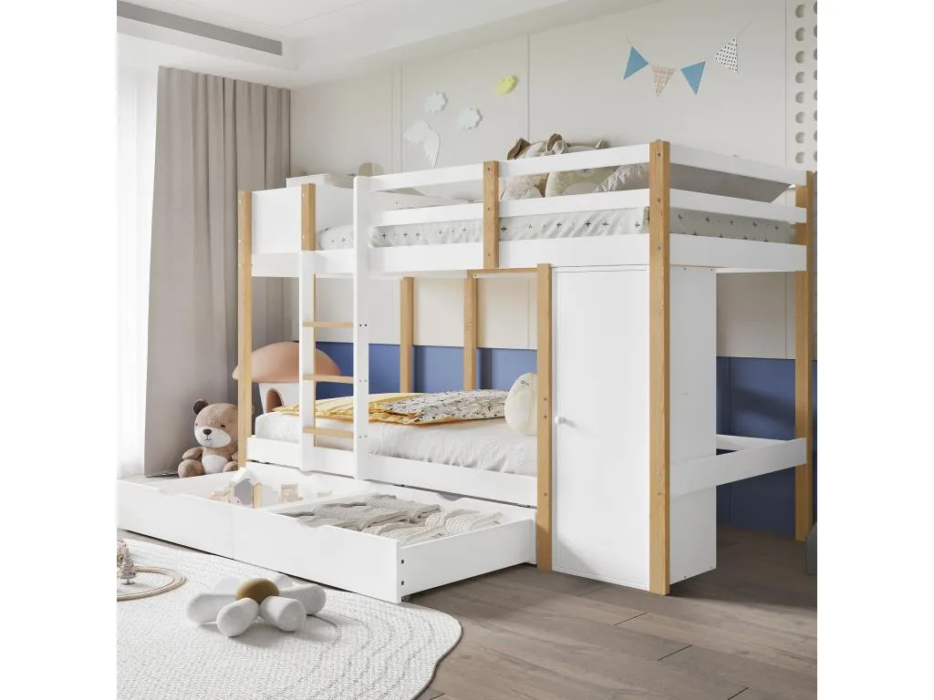 Litera de Lluesmahome de 90x200 cm - con 1 mueble de almacenamiento y 2 cajones con ruedas - Blanco 10797JTDT